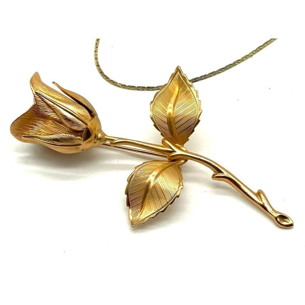 Vintage Long Stem Rose Brooch Pin Gold Tone Flower Dainty 3in